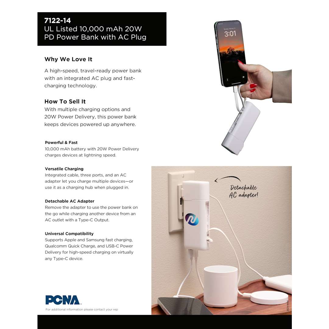 UL Listed 10,000 mAh 20W PD Power Bank with AC Plu